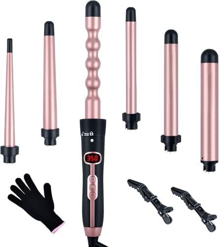 6 in 1 Hair Wand Curling Iron，0.35 to 1.25 inches with LCD，Form 140°F to 430°F in increments of 10°F, 110v-220V for Global use Includes Gloves and 2 Hair Clips. by Unknown