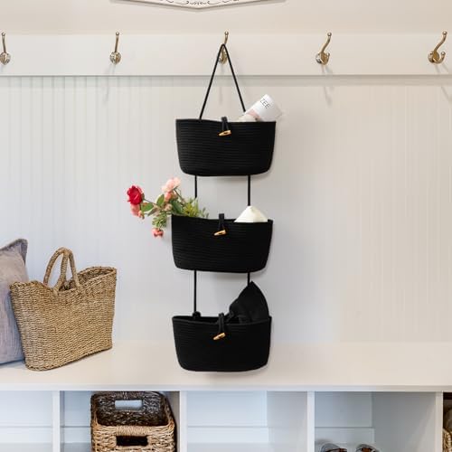 TeoKJ Over the Door Hanging Baskets with Button Strap, 3-Tier Woven Cotton Storage Organizer Bag, Wall-Mounted with Hook Decorative Hanging Nursery Baskets - Black - Image 5