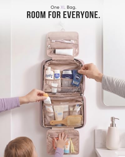 NISHEL Travel Toiletry Bag for women, Portable Hanging Organizer for Family-Sized Shampoo, Conditioner, Brushes Set, Makeup Accessories, Extra Large Size, Peach Pink - Image 2