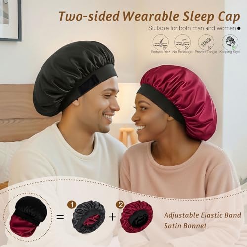 2PCS Bonnets for Sleeping Double Layer Satin Silk Bonnet for Sleeping Women Adjustable Sleep Cap Elastic Wide Band Hair Bonnet for Curly Hair（Wine+Leopard） - Image 4