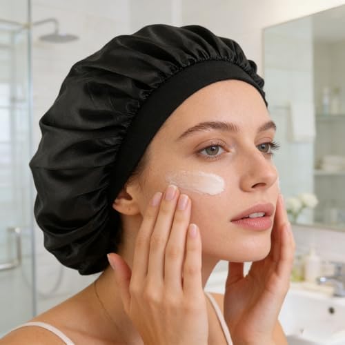 INOGIH Black Silk Satin Bonnets for Women Men Wide Band Hair Wrap Cap for Curly Hair Shower Cap for Sleeping - Image 4