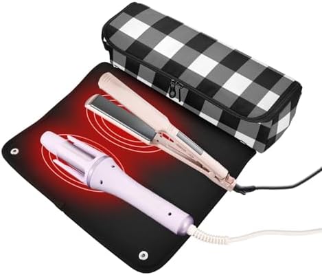 Black White Buffalo Plaid Hair Tools Travel Bag Carrying Case Portable Travel Organizer Pouch with Heat Resistant Mat for Curling Iron Flat Irons Hair Dryer - Image 2