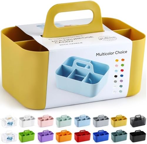 Multiuse Caddy Organizer with Handle, Portable Divided Plastic Tote Bin - Art Craft, Stationary Pen Marker Crayon, Makeup Hair Supplies Storage - Bathroom, Classroom, Dorm, Office, Desk Holder -Yellow by AOZITA