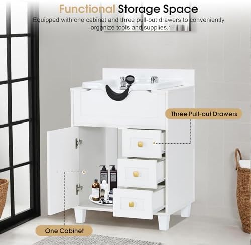 BarberPub Storage Shampoo Station with Bowl & Cabinet 7131 (All White) - Image 5