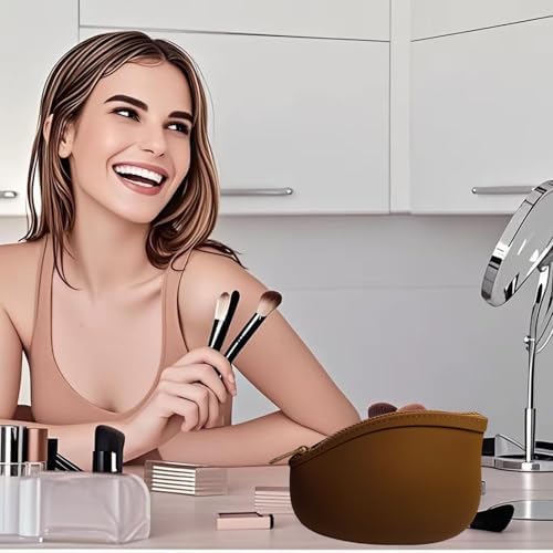 Small Makeup Bag Premium Silicone Purse Bag Multifunctional Essential Bag Zipper Pouch Water and Heat Resistant (Brown) - Image 2