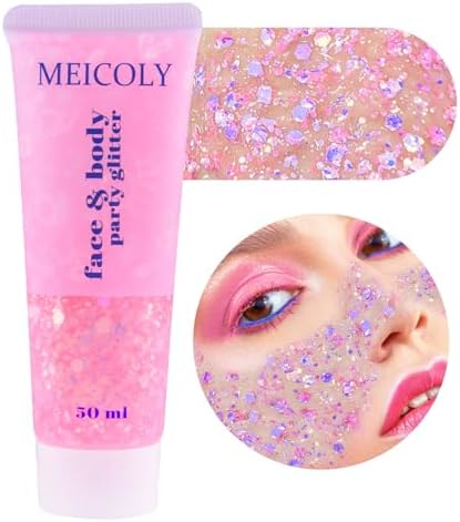 MEICOLY Chameleon Light Pink Body Glitter,Chunky Face Glitter for Halloween,Color Changing Mermaid Face Glitter Gel,Holographic Pink Halloween Hair Glitter for Concerts Festival Party by MEICOLY