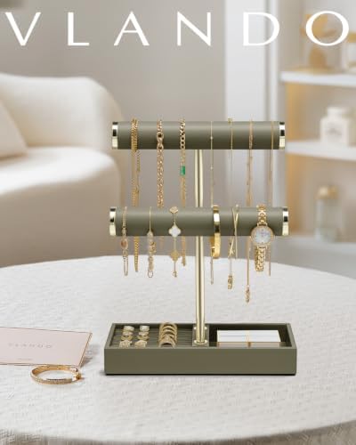 VLANDO Jewelry Organizer, 2 Tier Jewelry Bracelet Necklace Holder with Tray - Image 2