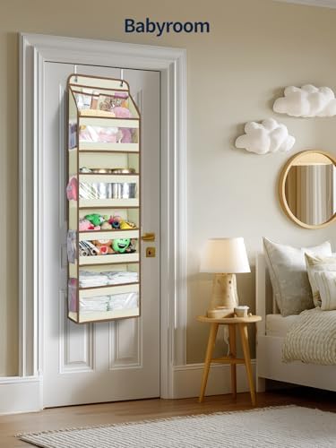 Yecaye 5 Tier Over the Door Organizer, Swing-proof Door Organizer Hanging with Clear PVC Windows, Behind the Door Storage for Bedroom Nursery Closet Laundry Pantry Bathroom, Beige - Image 6