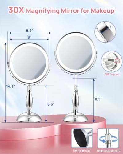 1X/30X 8" Magnifying Makeup Mirror with Lights, Height Adjustable for Desk - Image 5