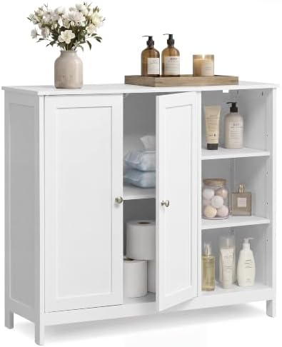 VASAGLE Bathroom Floor Cabinet,3 Adjustable Shelves, Cloud White by VASAGLEbySONGMICSHOME