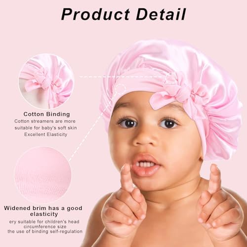3 Pcs Kids Silk Bonnet for Sleeping - Baby Hair Bonnet for Sleep,Kids Satin Bonnets for Girls with Adjustable Wide Elastic Band,Sleeping Cap for Teens Toddler Child Curly Hair(Pink+Purple+Yellow) - Image 3