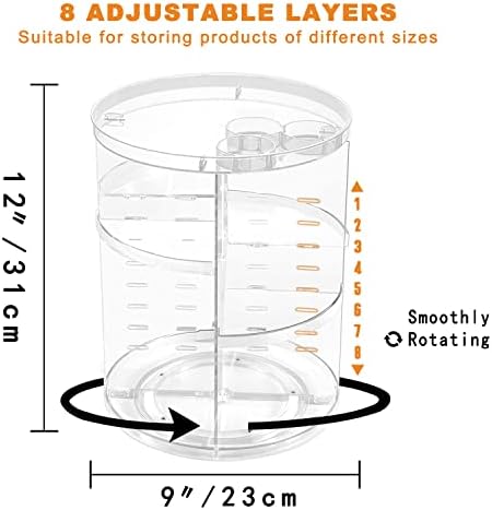 Rotating Makeup Organizer, DIY 8 Adjustable Layers Spinning Skincare Storage, Cosmetic Display Case with Brush Holder and Perfume Tray, Multi-Function Vanity Bathroom Countertop Organizer Clear - Image 3