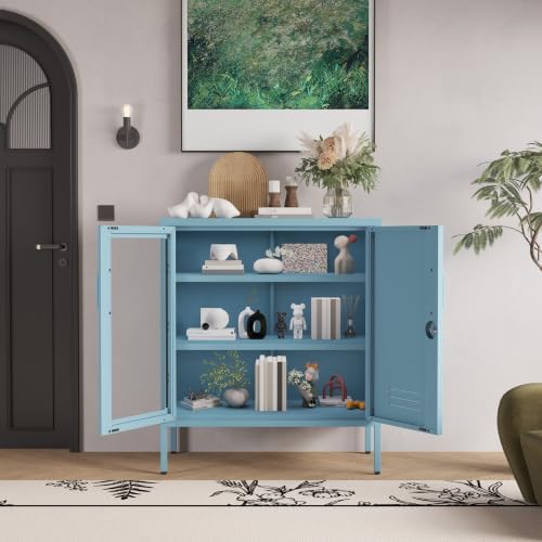 29.5" Wide Blue Metal Storage Cabinet with Lock and Ventilated Doors, 2 Adjustable Shelves, Heavy Duty Home Metal Accent Locker for Kitchen Office Living Room Hallway - Image 5