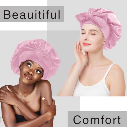 Silk Bonnet for Sleeping Women, Ajustable Hair Bonnet for Curly Hair with Tie Band Shower Caps Pink，Large - Image 3