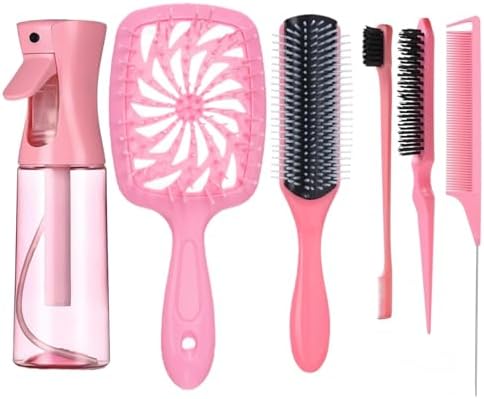 Hair Brush Set with Detangling Brush,Spray Bottle,3 Pieces Rat Tail Combs For Toddlers,Suitable for Pain-Free Brushing on All Wet or Dry Hair Types (Pink) by Unknown
