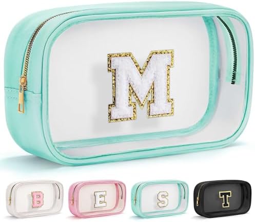 YOOLIFE Initial Make Up Bag Travel Toiletry Bag, Clear Makeup Bags Preppy Cosmetic Bags Organizer Travel Essentials Gifts for Women Teen Girlfriend Teacher Mom Birthday Girl Gift Makeup Case Blue M by YOOLIFE