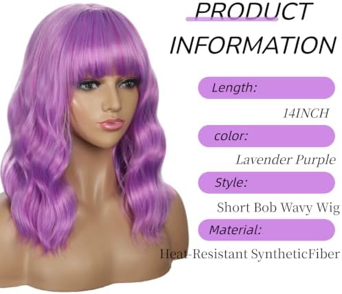 Sebast Pastel Bob Wigs with Bangs for Women Loose Wavy Wig Pastel Wavy Shoulder Length Bob Synthetic Cosplay Wig for Girl Colorful Costume Wigs (Lavender Purple) - Image 2