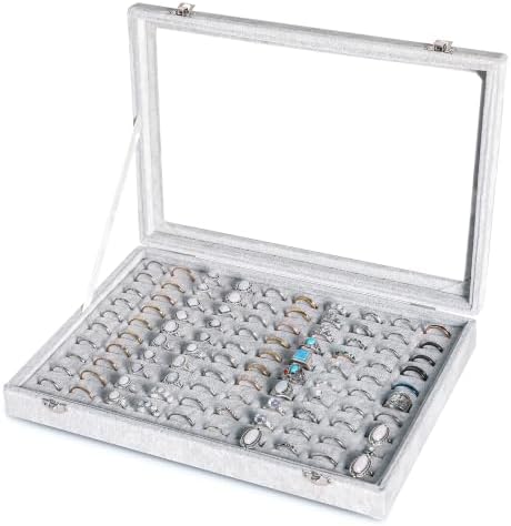 Frebeauty 100 Slots Ring Organizer Tray,Velvet Ring Box with Clear Lid by Frebeauty
