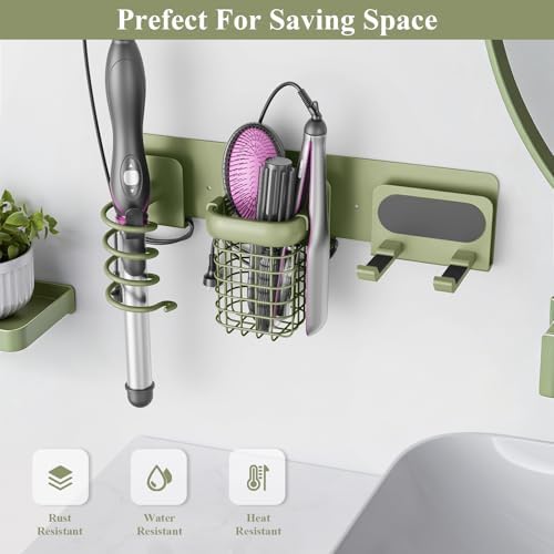 Tindbea Upgraded Aluminum Alloy Hair Dryer Holder Wall Mounted with Built-in Cord Wrap,3-in-1 Hair Tool Organizer for Blow Dryer, curling iron, and straightener, Green - Image 6