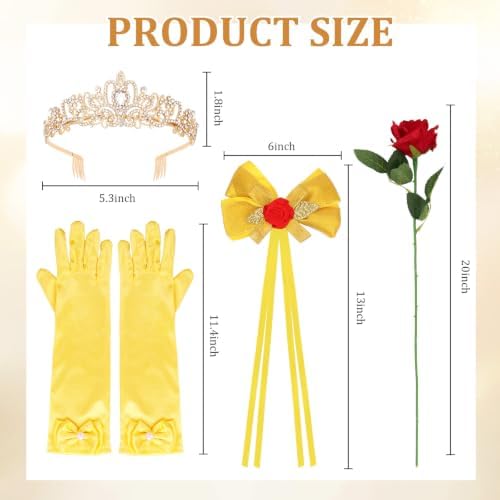 Princess Costume Accessories Crown Rose Hair Bow Yellow Gloves Kit - Image 2