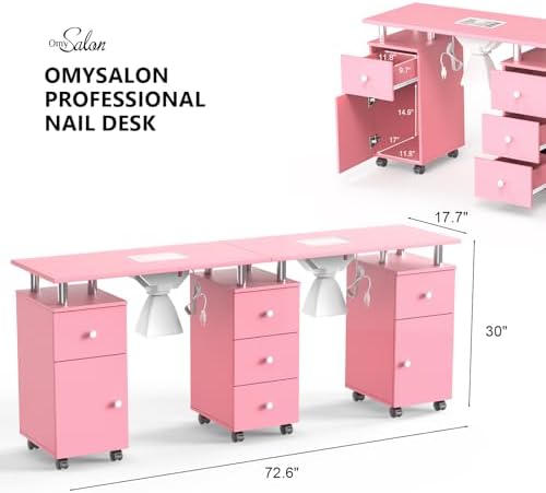 OmySalon Double Manicure Table w/Dust Collector, Nail Table Station for Nail Tech, Makeup Desk w/Wheels Arm Rest Drawers Cabinet Storage, for Beauty Spa Salon, Acetone Resistant (Pink) - Image 2