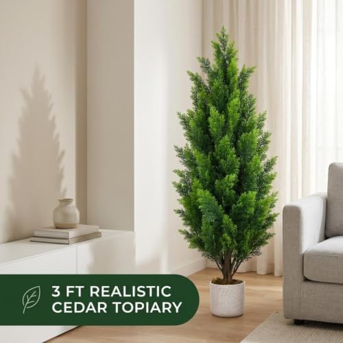 Garvee 3FT Artificial Cedar Trees 2 Pcs with White Spotted Pot - Image 6