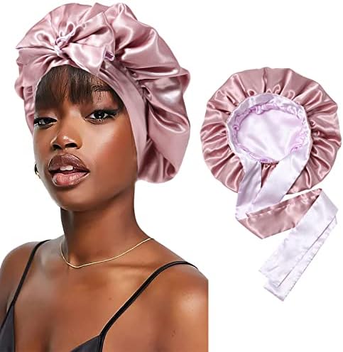 Lavender Silk Bonnet by Brand - Sleep Cap with Stretchy Tie Band for Curly Hair by CHLINS