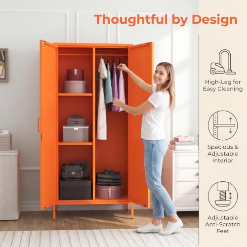 Lockable Metal Armoire Wardrobe Closet, 67 Inch Steel Clothing Storage Cabinet, Hanging Rod and Adjustable Shelves, Orange 2 Door Storage Cabinet for Bedroom Cloak Room Office Gym - Image 3
