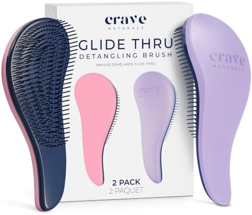 Crave Naturals Glide Thru Detangling Brush for Adults and Kids - Detangler Brush for Curly or Straight, Wet or Dry Hair - Gentle on Tangles Hair Comb - 7.5x3-Inch, Pink and Purple (Pack of 2) by CraveNaturalsDetanglingBrush