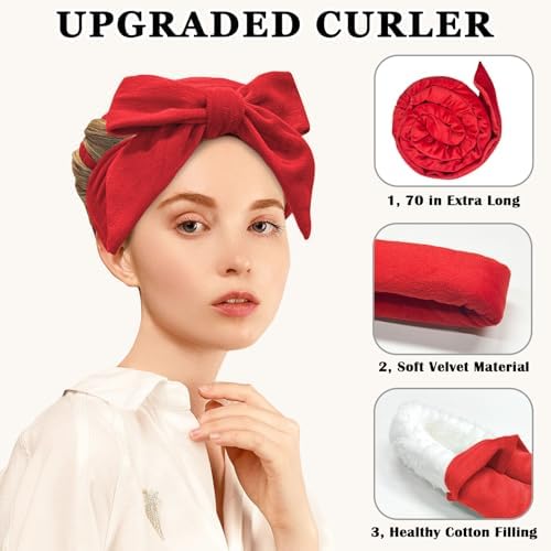 Gwabee Heatless Curls Overnight Hair Curlers to Sleep In, 9 PCS Velvet Heatless Hair Curler Overnight Curls for Women Long Medium Hair Volumes, Heatless Curling Waves Set with Sleep Bonnet - Red - Image 3