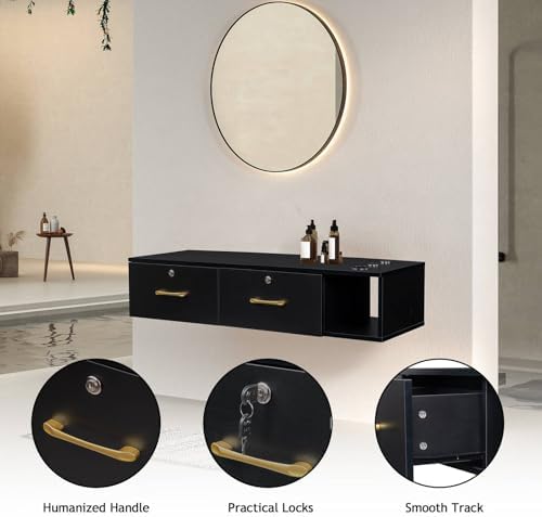 Wall Mount Salon Stations for Hair Stylist, Barber Station with 3 Hair Dryer Holes and 2 Lockable Drawers with Lock, Floating Makeup Vanity for Spa Barber Shop, Room, Beauty Salon, Bathroom (Black) - Image 5