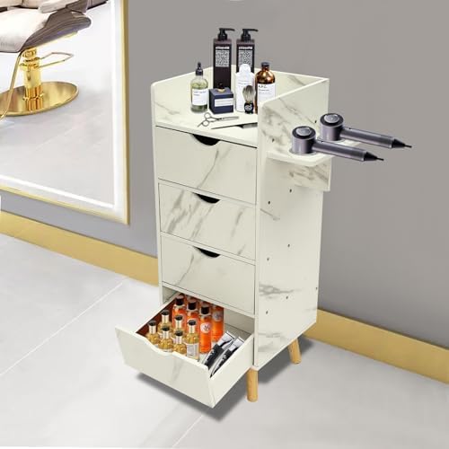 Salon Storage Cabinet with 2 Hair Dryer Holder, Barber Storage Cabinet Hair Stylist Station with 4 Drawers and Raised Table Legs for Beauty Spa Barber Shop (Marble Color) - Image 6