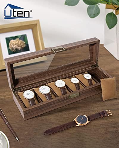 Uten Watch Box 6 Slots with Glass Lid, Wood Grain PU Leather - Image 2