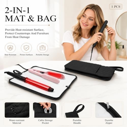 2-in-1 Heat Resistant Hot Tool Mat and Organizer | Portable Travel Curling Iron Holder & Flat Iron Storage Mat with Heatproof Lining | Black Styling Tools Pouch for Hot Straightener and Wand - Image 2
