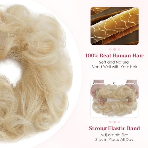 Messy Bun Hair Pieces Human Hair, Wavy #60 Platinum Blonde - Image 2