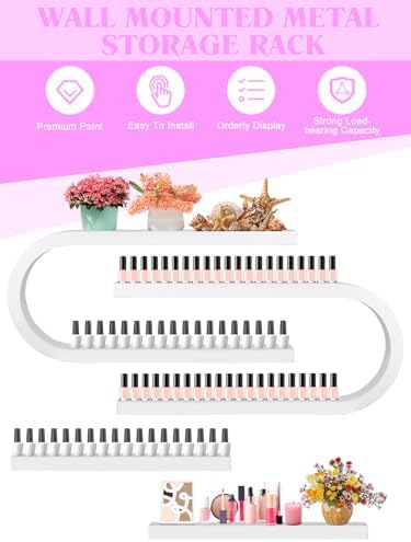EBANKU 4PC U Shape Nail Polish Racks Heavy Duty Nail Shelfs for Wall Nail Polish Display Rack Cosmetic Display Cases Lipstick Perfume Wall Shelf Nail Polish Organizer for Home Spa Nail Salon (White) - Image 5
