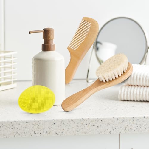 Baby Hair Brush with Wooden Handle and Comb Set for Newborns & Toddlers | Natural Soft Goat Bristles l Wood comb l Yellow Silicone Brush| Ideal for Cradle Cap (3PCS) - Image 4