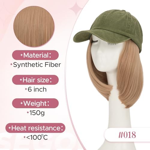 SEGO Unisex Vintage Baseball Cap with Hair Extensions for Women Synthetic Hair Attached Short Straight Hairpiece Olive Green Baseball Cap Wig Adjustable Hat Wigs for Women 6 Inch 18A Light Blonde - Image 5