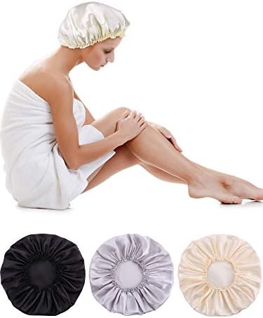 Blulu 3 Pack Satin Bonnet for Women,Black, Beige, Silver - Image 4
