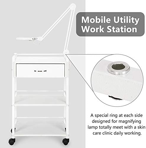 Salon Trolley Cart with Wheels, Wooden Rolling Storage Station, Mobile Utility Cabinet with 1 Drawer 2 Trays, Medical Esthetic Supply for Beauty SPA Massage Tattoo Facials, White - Image 3