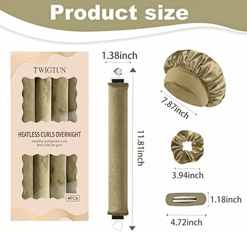 Heatless Curls Overnight Hair Curlers Set – 4PCS Jumbo Velvet Rollers with Shower Cap, No-Damage Flexi Rods for Beautiful Waves(khaki) - Image 6