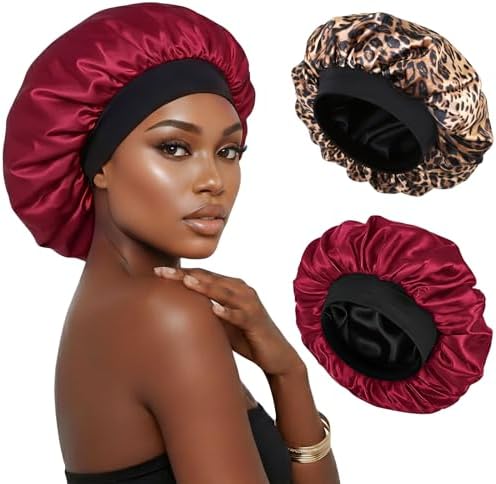 2PCS Bonnets for Sleeping Double Layer Satin Silk Bonnet for Sleeping Women Adjustable Sleep Cap Elastic Wide Band Hair Bonnet for Curly Hair（Wine+Leopard） by XRACEPHOL