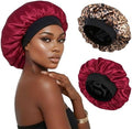 2PCS Bonnets for Sleeping Double Layer Satin Silk Bonnet for Sleeping Women Adjustable Sleep Cap Elastic Wide Band Hair Bonnet for Curly Hair（Wine+Leopard） by XRACEPHOL