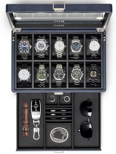 VLANDO Watch Box 10 Slots, Lockable Watch Case with Textured Leather, 2 Layer Watch Holder for Rings, Glasses, Mens Jewelry Box with Glass Lid, Removable Divider, Gifts for Father, Husband, Blue by VLANDO