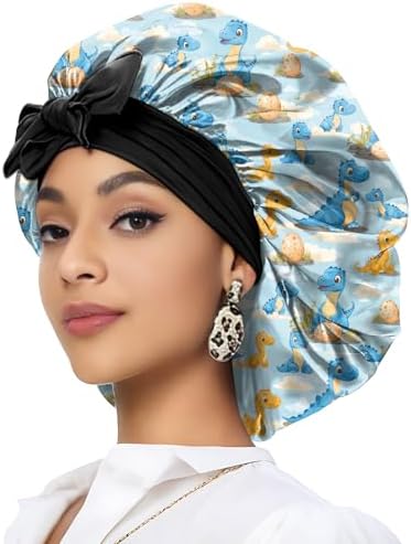 Satin Hair Braid Bonnet for Sleeping Double Layer Elastic Wide Soft Tie Band Hair Silk Lined Sleep Cap Women Girls by Deokke