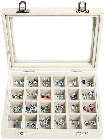 Velvet Jewelry Box 24 Grid Jewelry Earrings Display Organiser Box Ring Tray Holder Earrings Storage Case for Girls Women Wife Mom (Beige) by EONGOA