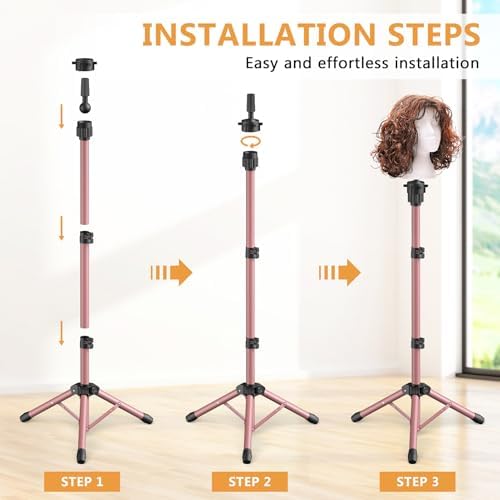 Wig Head Stand 50 Inches, Height Adjustable Tripod Wig Stand, Salon Mannequin Head Stand with Anti-Slip Base for Styling, Display Barber Training, Beauty School (Pink) - Image 4