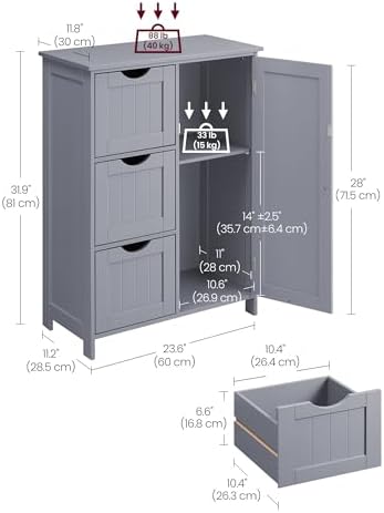 VASAGLE Bathroom Floor Storage Cabinet, 3 Drawers, Dove Gray - Image 3