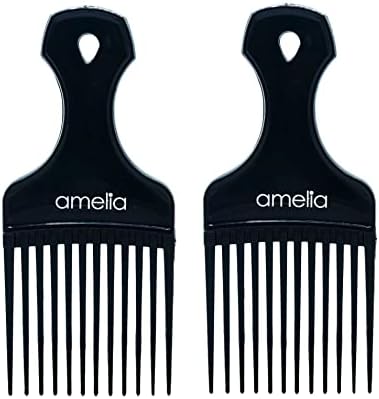 Amelia Beauty, 7in Black Curly Hair Wide Tooth Pick, 2 Pack | Made in USA | Easily Creates Volume, Detangles, Reduces Frizz | Afro Pick Styling Tool, 7"x3" by AmeliaBeauty