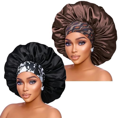 Silk Satin Bonnet Hair Cap: 2pcs 17inch Diameter Extra Large Jumbo Sleeping Satin Bonnets with Comfortable Flower Band - High Density Satin Bonnets for Women Braids Curly Night Cap（Black & Coffee） by IsshinBeauty
